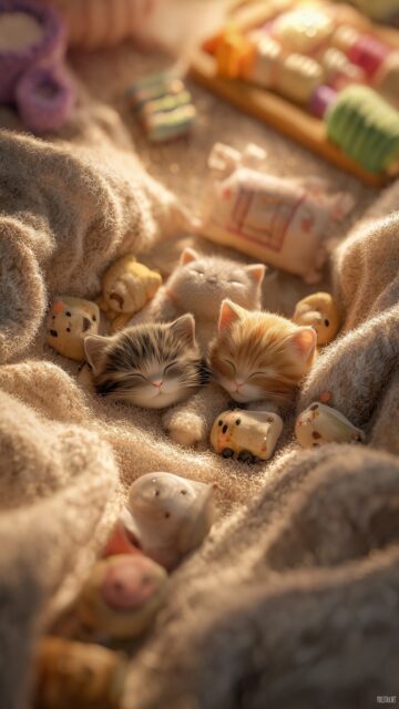 Best cute image for mobile wallpaper, a cozy arrangement of kittens taking a nap on a warm blanket surrounded by tiny toys (2).
