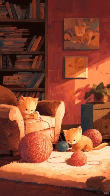 Best cute image for mobile wallpaper, an enchanting illustration of kittens playing with yarn in a cozy living room, warm colors and soft textures (2).