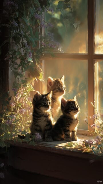 Best cute image for mobile wallpaper, an inviting view of kittens sitting by a window, sunlight streaming through, creating a serene ambiance (2).