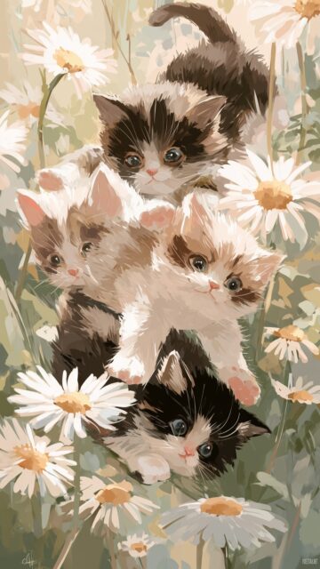 Best cute image of kittens, a soft pastel illustration of little kittens tumbling over one another in a field of daisies (2).