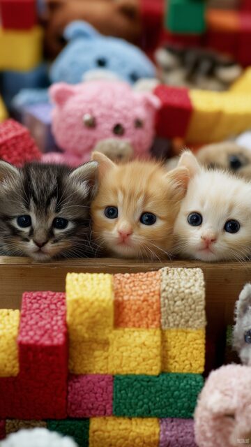 Best cute image of kittens, an adorable scene of kittens peeking out of a toy box filled with colorful blocks and plush toys (2).