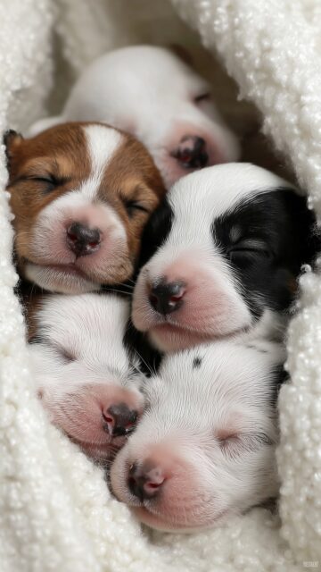 Best cute image of puppies, a joyful close up of sleepy puppies cuddling together, framed by soft, fluffy blankets (2).