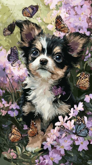 Best cute image of puppies, an endearing illustration of a puppy with big eyes, surrounded by butterflies in a blooming garden (2).