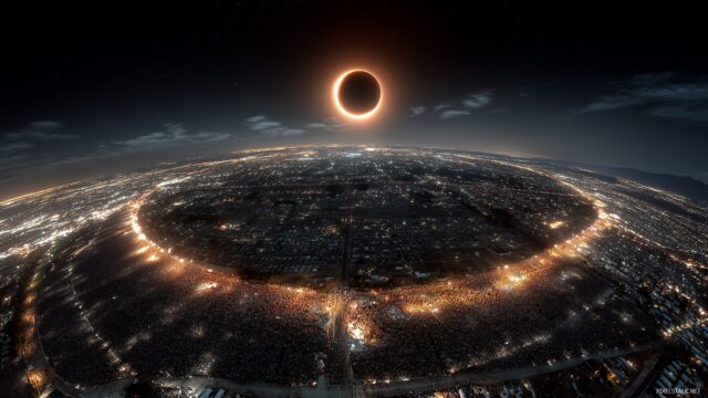 Best eclipse wallpaper HD, a breathtaking aerial view of an eclipse event with crowds gathering to view the phenomena from below.