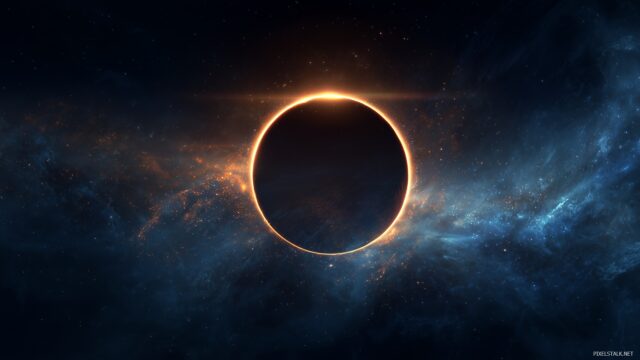 Best eclipse wallpaper HD, a stunning graphic of an eclipse framed by an ethereal cosmic backdrop, stars twinkling in the distance.