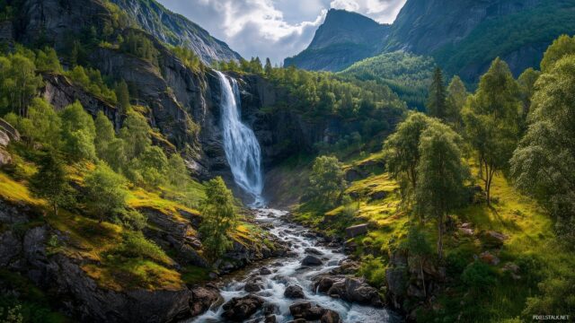Best High Resolution Desktop Wallpaper, A Majestic Waterfall Cascading Down Rocky Cliffs Surrounded By Vibrant Greenery
