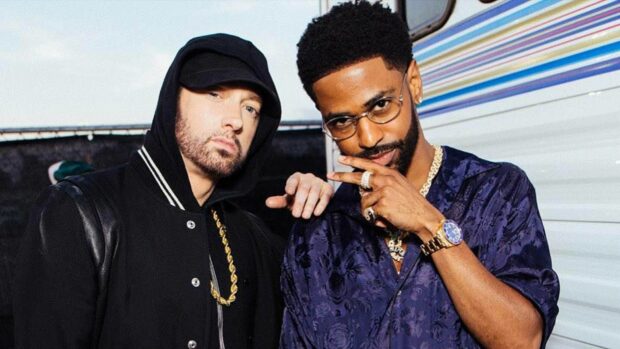 Big Sean and Eminem are posing outdoors near a vehicle, Big Sean Wallpapers, HD Desktop Wallpaper