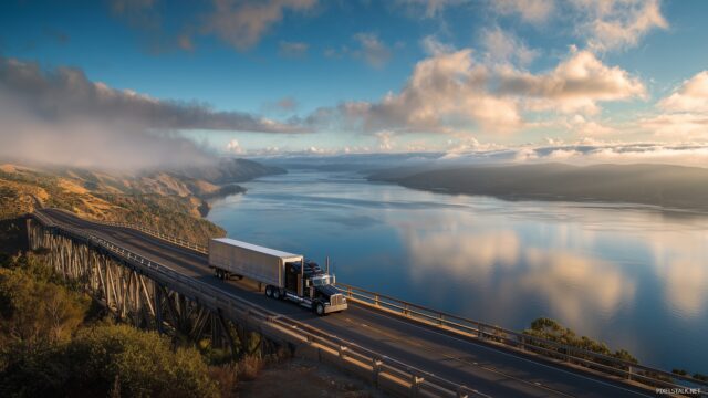 Big Truck Desktop Wallpaper Full HD, A Panoramic Shot Of A Big Truck Crossing A Bridge, Overlooking A Vast Body Of Water