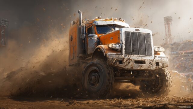 Big Truck Desktop Wallpaper HD Free Download, An Action Packed Moment Of A Big Truck Racing Through An Obstacle Course, Highlighting Its Agility And Power