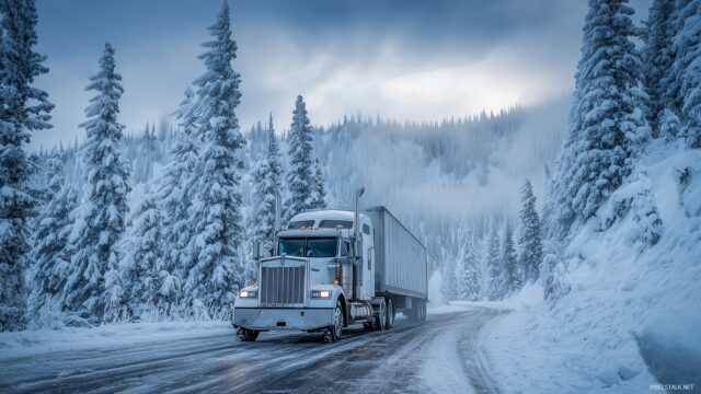 Big Truck Desktop Wallpaper High Resolution, A Big Truck In A Winter Wonderland, Surrounded By Snow Covered Trees And Icy Roads