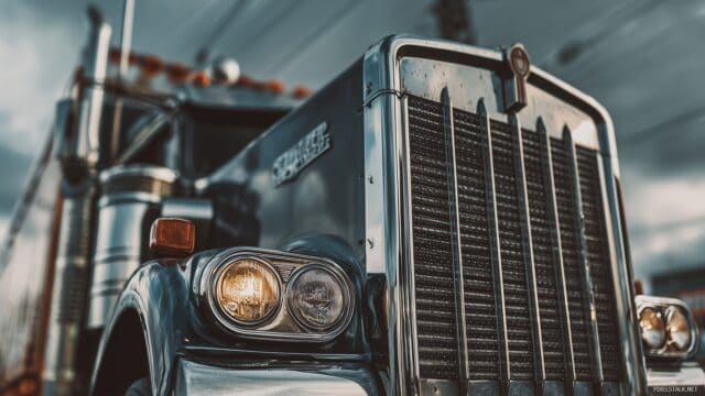 Big Truck Desktop Wallpaper Free Download, A Detailed Close Up Of A Big Truck Grill And Headlights, Emphasizing Its Robust Machinery And Craftsmanship