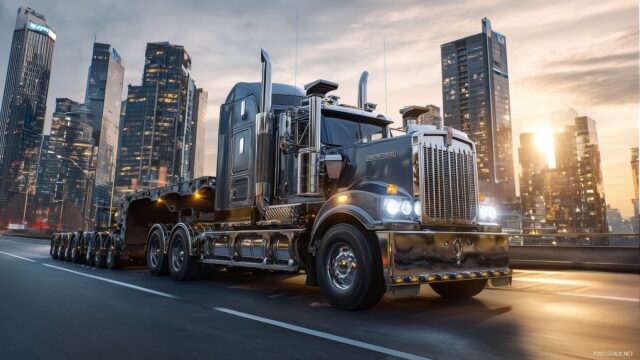 Big Truck HD Wallpaper Free Download, An Impressive Big Truck Towing A Massive Load, Set Against The Backdrop Of A Bustling City Skyline