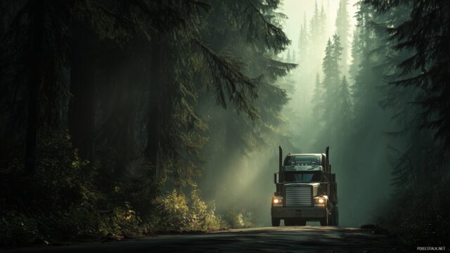 Big Truck Wallpaper HD For PC, A Big Truck Navigating Through A Forest Road, With Trees Towering On Both Sides, Creating A Dynamic And Adventurous Mood