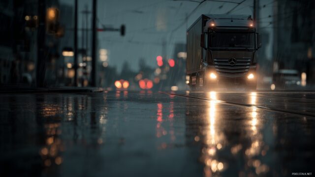 Big Truck Wallpaper HD Free Download, A Big Truck Driving Through A Rain Soaked Street, With Reflections Glimmering On The Pavement