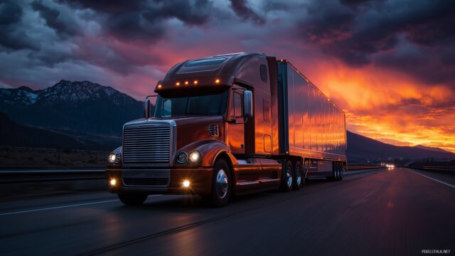 Big Truck Wallpaper High Quality, A Stunning View Of A Big Truck On A Highway At Sunset, Highlighting Its Sleek Contours And Vibrant Colors