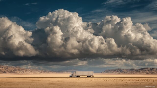 Big Truck Wide Screen Desktop Wallpaper, An Expansive Scene Featuring A Big Truck In Motion Across An Open Desert, With Dramatic Cloud Formations Above