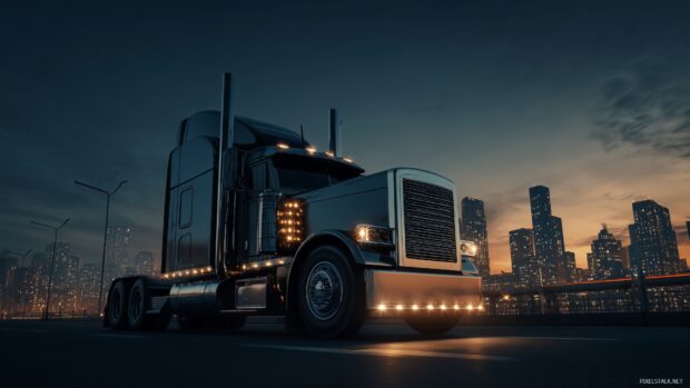 Big truck background for desktop, a sleek big truck surrounded by an urban skyline during twilight.