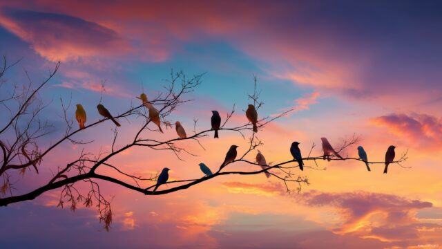 Birds Background, A Serene Landscape With Various Birds Perched On Branches Under A Vibrant Sky, Perfect For A Desktop Wallpaper