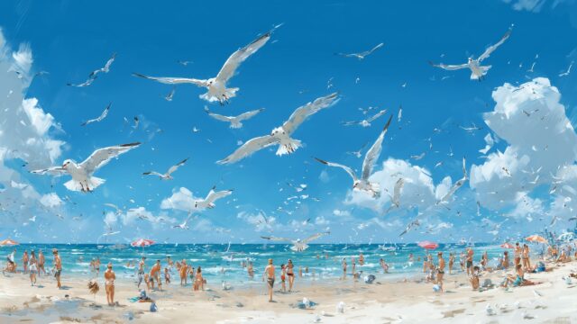 Birds Background Desktop HD Free Download, A Lively Scene Of Beachgoers Enjoying Life With Seagulls Soaring Overhead