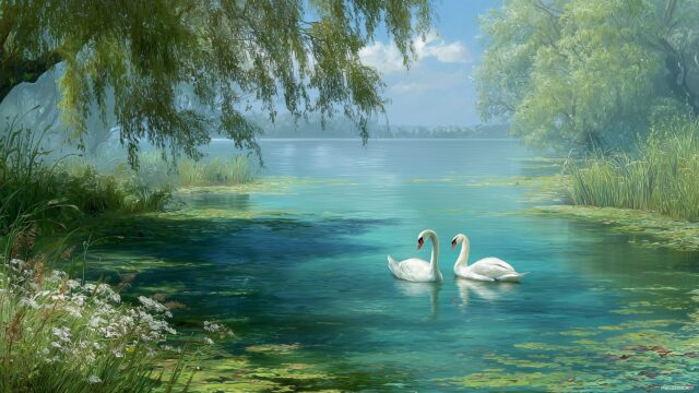 Birds Background Desktop High Resolution, A Serene Lakeside Scene With Swans Gliding Gracefully