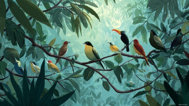 Birds Background HD For Desktop Computer, An Enchanting Forest Filled With Diverse Bird Species Amidst Lush Greenery