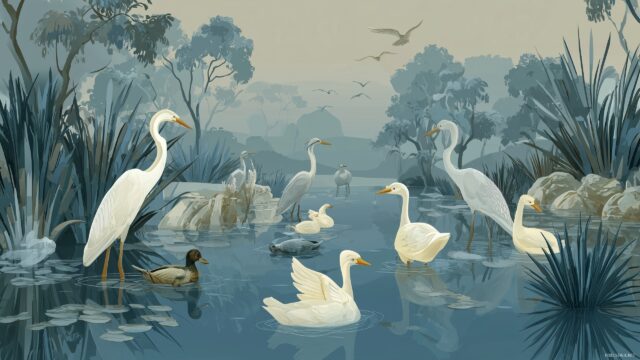 Birds Background HD For Mac, A Peaceful Riverside View With Herons And Ducks Gracefully Moving Through The Water