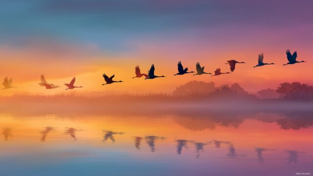 Birds Background For PC, A Tranquil Scene Featuring Colorful Birds Flying Over A Tranquil Lake, Ideal For High Resolution Desktop Use
