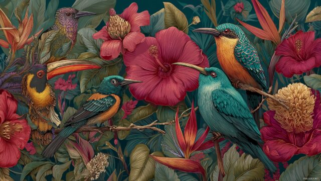 Birds Background Free Download, A Vibrant Jungle Filled With Exotic Birds Amidst Colorful Flowers