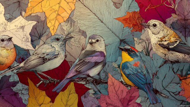 Birds Background High Quality, A Delightful Autumn Setting With Migratory Birds Resting On Colorful Leaves, Great As A Desktop Wallpaper