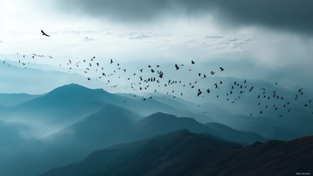 Birds Wallpaper HD, A Beautiful Aerial View Of Flocks Of Birds Flying Over A Dramatic Mountainous Landscape