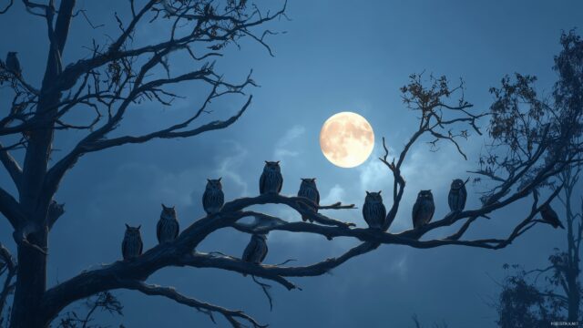 Birds Wallpaper HD For Desktop, A Captivating Twilight View Featuring Owls And Evening Birds Caught In The Glow Of The Moon