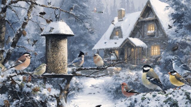 Birds Wallpaper For Desktop Computer, A Cozy Cottage Scene With Various Birds Visiting A Bird Feeder In A Snowy Landscape, Welcoming For Any PC User