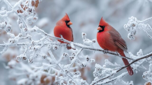 Birds High Resolution Wallpaper, A Picturesque Winter Wonderland With Cardinals Perched On Snow Covered Branches