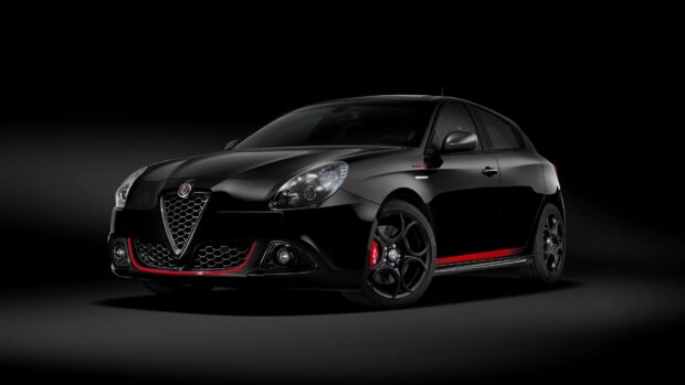 A black Alfa Romeo car with red details against a dark background, 4K Desktop Wallpaper