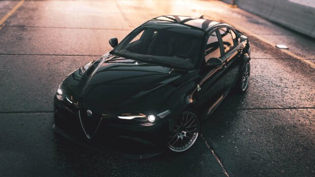 A black Alfa Romeo sports sedan is parked on a city street with reflections on its surface, 4K Desktop Wallpaper
