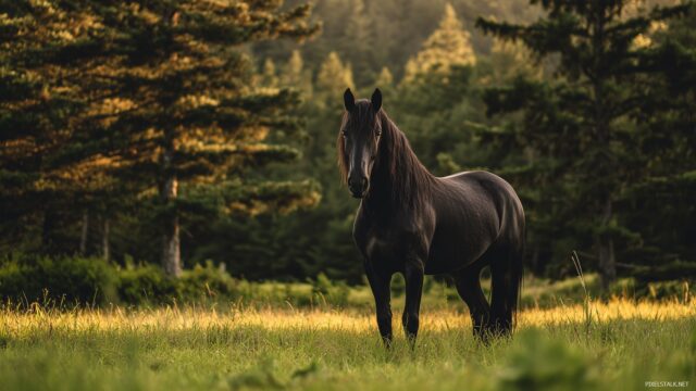 Black Horse Desktop Wallpaper Full HD, A Black Horse Standing In A Lush Green Pasture During Golden Hour, Soft Lighting Highlighting Its Features