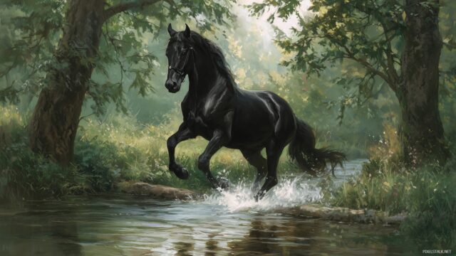 Black Horse HD Wallpaper, A Spirited Black Horse Jumping Over A Stream, Lush Trees Framing The Scene On Either Side