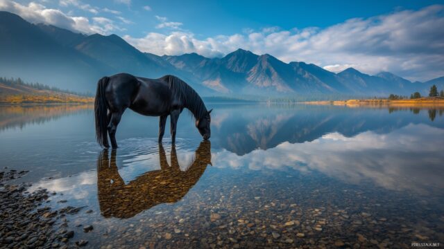 Black Horse HD Wallpaper For Mac, An Elegant Black Horse In A Serene Lake, Reflections Of Mountains Mirrored In The Water