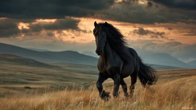 Black Horse HD Wallpaper For PC, A Black Horse With A Flowing Mane Standing Amidst Rolling Hills, Captured During A Dramatic Sunset