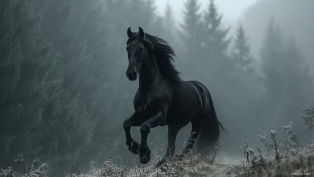 Black Horse Wallpaper HD For PC, A Majestic Black Horse Galloping Through A Misty Forest At Dawn, Captivating Scene With Rich Detail