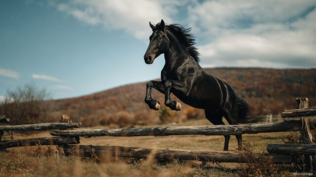 Black Horse Wallpaper Free Download, A Dynamic Scene Of A Black Horse Leaping Over A Rustic Fence In A Sunny Countryside
