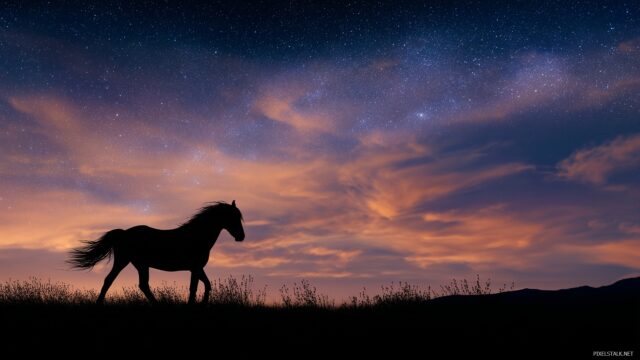 Black Horse Wide Screen Desktop Wallpaper, A Silhouette Of A Black Horse At Dusk, With A Vibrant Sky Filled With Stars And Clouds