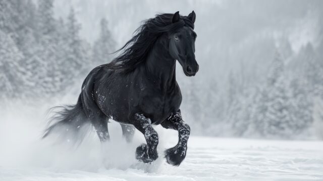 Black Horse High Definition Wallpaper, A Majestic Black Horse Running Through A Snow Covered Landscape, Contrasting Against The White Backdrop