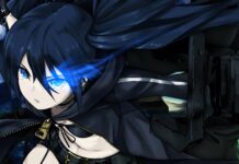 The image shows Black Rock Shooter with a glowing blue eye and dark attire holding a large weapon, 4K Desktop Wallpaper