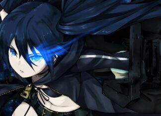 The image shows Black Rock Shooter with a glowing blue eye and dark attire holding a large weapon, 4K Desktop Wallpaper