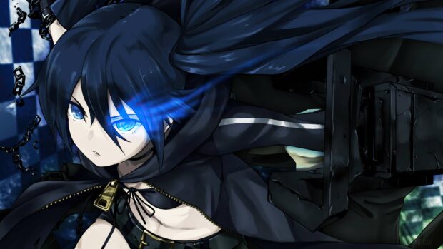 The image shows Black Rock Shooter with a glowing blue eye and dark attire holding a large weapon, 4K Desktop Wallpaper