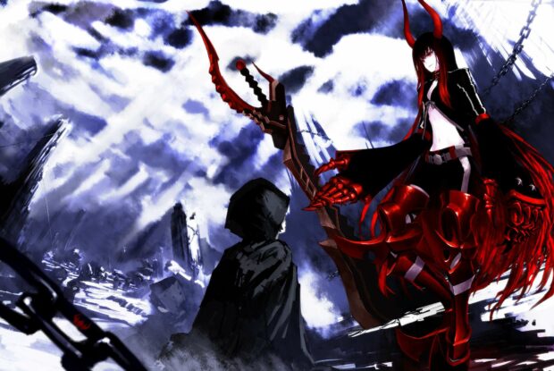 A dark figure faces Black Rock Shooter in red armor with a dramatic sky background, HD Desktop Wallpaper