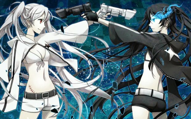 Two Black Rock Shooter characters face each other while aiming guns in a dynamic standoff, HD Desktop Wallpaper