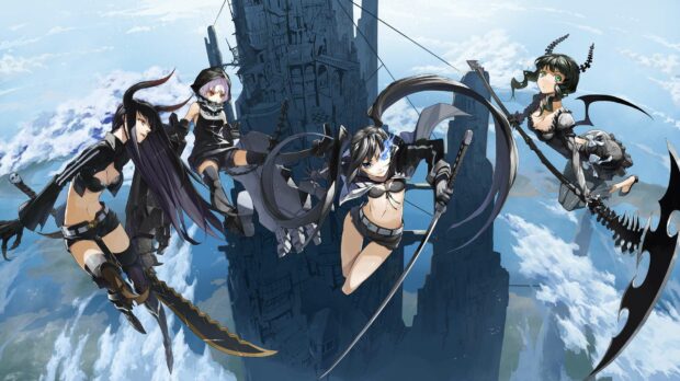 Black Rock Shooter characters are flying above a cityscape preparing for battle, HD Desktop Wallpaper