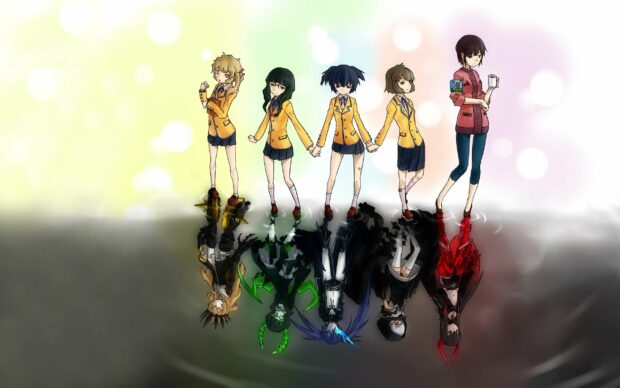Five black rock shooter characters stand with their reflections showing their darker forms on the surface below, 2K Desktop Wallpaper